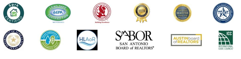 Priority Inspection Services memberships and certifications: SPRK Certified, Lead-Safe EPA Certified Firm, Texas Association of Real Estate Inspectors, 100% Satisfaction Guarantee, Certified Master Inspector CMI, TAREI, Department of Agriculture Texas, Texas Commission on Environmental Quality, HLAoR, SABOR San Antonio Board of Realtors, Austin Board of Realtors, ICC International Code Council